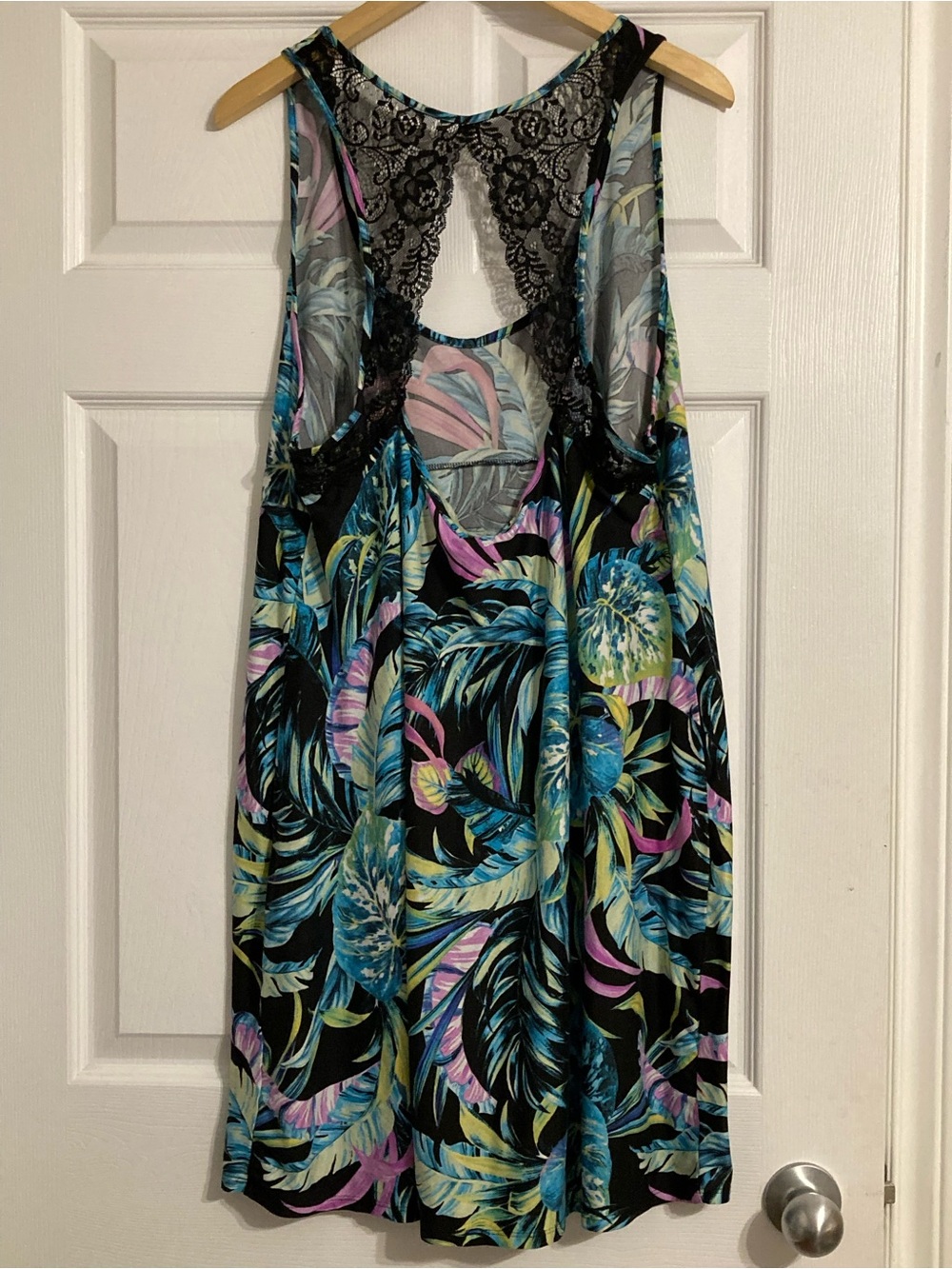 Floral Plus Size Lace-Back Night Gown — Black with Teal & Pink